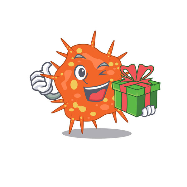 Улыбающийся Буркхолдерия Маллей мультяшный персонаж с зеленой подарочной коробкой
