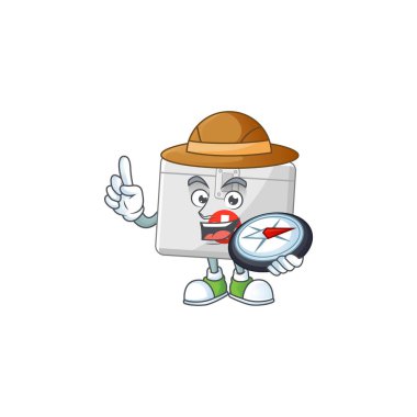 Dünya kaşifi pusula kullanarak ilk yardım seti çizgi film tasarım stili. Vektör illüstrasyonu