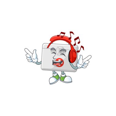Çizgi film maskotu tasarımı ilk yardım seti kulaklıkla müzik dinlemenin keyfini çıkarıyor. Vektör illüstrasyonu