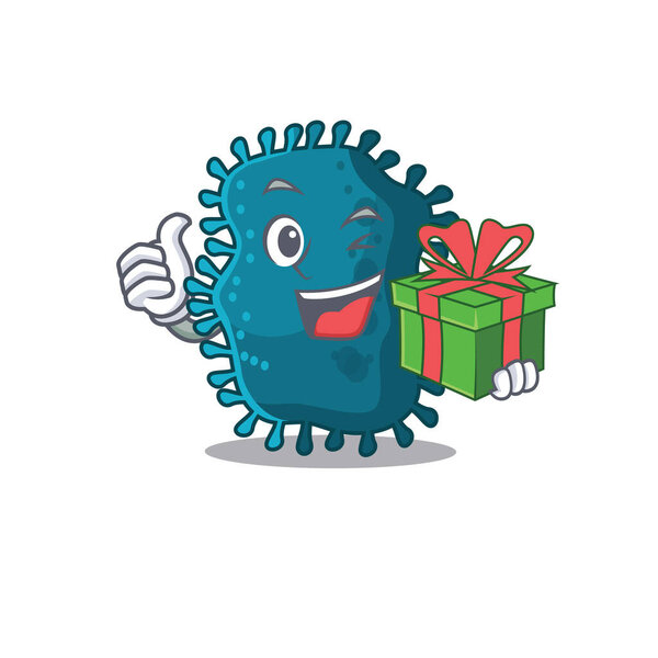 Смолящий клостридиум мультяшный персонаж с зеленой подарочной коробкой
