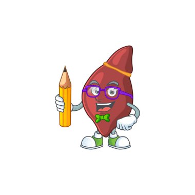 Karaciğer öğrencisi çizgi film karakteri kalemle çalışıyor