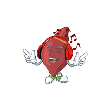 Çizgi film maskot tasarımı karaciğer kulaklıkla müzik dinlemenin keyfini çıkarıyor