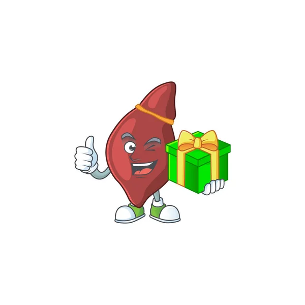 ギフトボックスを保持するスマイリー肝臓の漫画のキャラクター — ストックベクタ