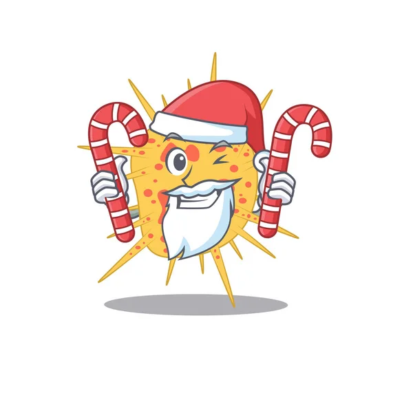 Vriendelijke mycobacterium kansasii in Santa Cartoon karakter houdt kerstsnoepjes — Stockvector