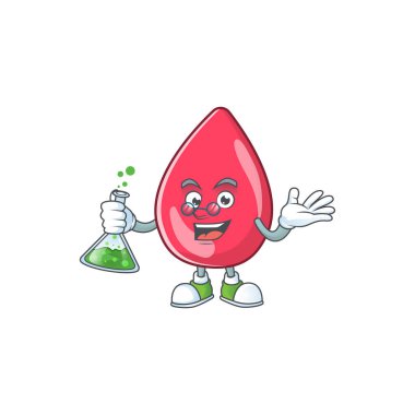 Kırmızı kan dehası Profesör Çizgi film karakteri elinde cam tüp tutuyor.