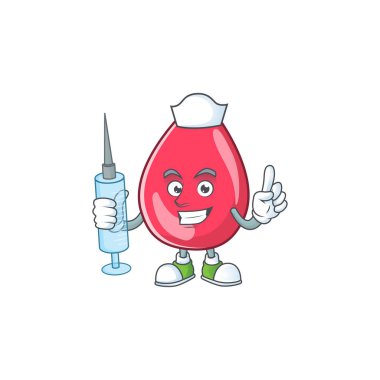 Dost canlısı kırmızı kan maskotu tasarımı. Şırınga kullanıyor.