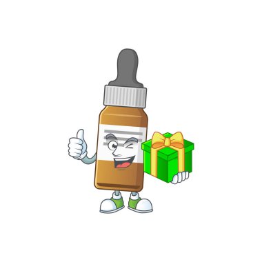Gülen sıvı şişe çizgi film karakteri elinde hediye kutusu tutuyor. Vektör illüstrasyonu