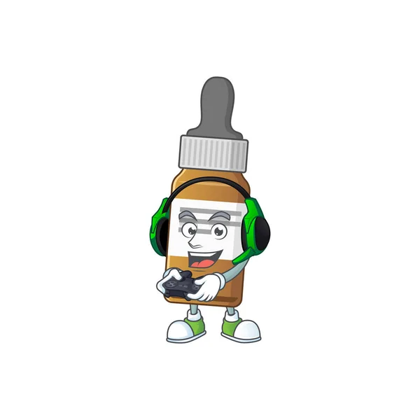 Un dessin animé de bouteille liquide talentueux joueur jouer avec casque et contrôleur — Image vectorielle