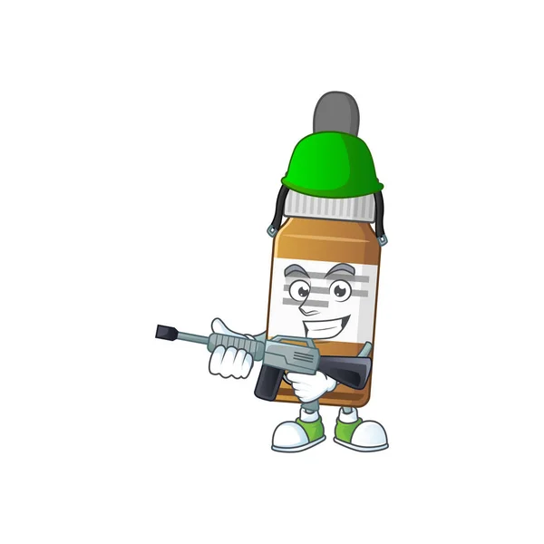 Un élégant style de mascotte de bouteille liquide Army utilisant un pistolet automatique — Image vectorielle