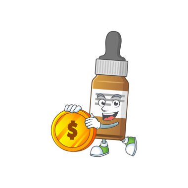 Sıvı şişe zengin çizgi film karakteri büyük altın sikkeye sahiptir. Vektör illüstrasyonu