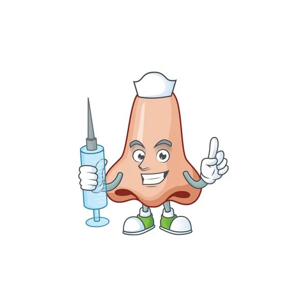 Friendly Nurse style de mascotte de nez en utilisant une seringue — Image vectorielle