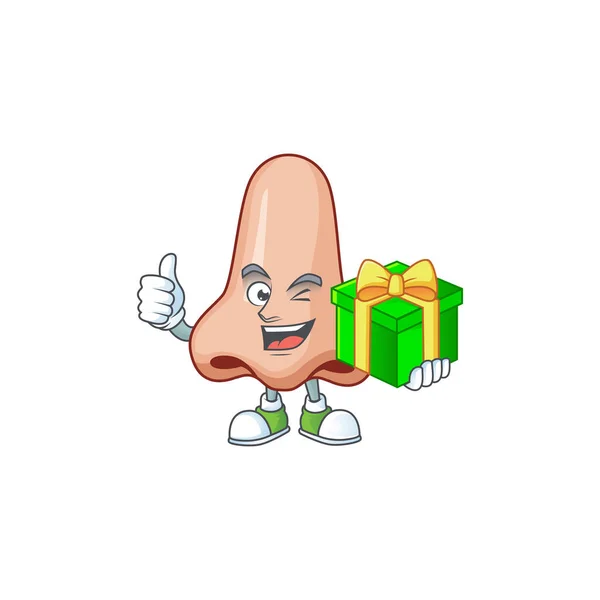 Smiley personnage de dessin animé nez tenant une boîte-cadeau — Image vectorielle