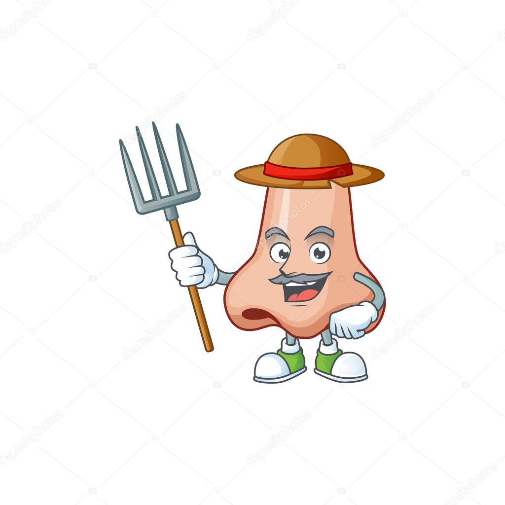 Mascot design style of Farmer nose with hat and pitchfork
