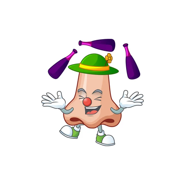 Mascot การ์ตูนสไตล์ของจมูกเล่น juggling บนเวที — ภาพเวกเตอร์สต็อก