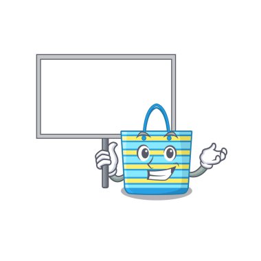 Bir plaj çantası maskotu tasarımı ikonu bir tahta getirir. Vektör illüstrasyonu