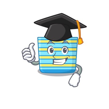 Tören için siyah mezuniyet şapkalı kumsal çantasının mutlu yüzü. Vektör illüstrasyonu