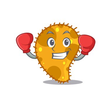 Kırmızı boks eldivenli psödomonaların sportif boks maskotu tasarımı. Vektör illüstrasyonu