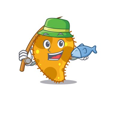 Karikatür tasarım konsepti. Balık tutarken psödomonas. Vektör illüstrasyonu