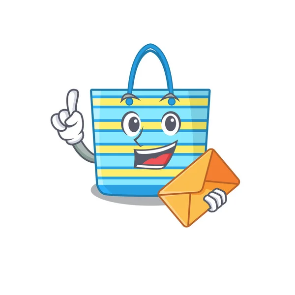 Joyeux Concept Mascotte Sac Plage Avec Enveloppe Marron Illustration Vectorielle — Image vectorielle