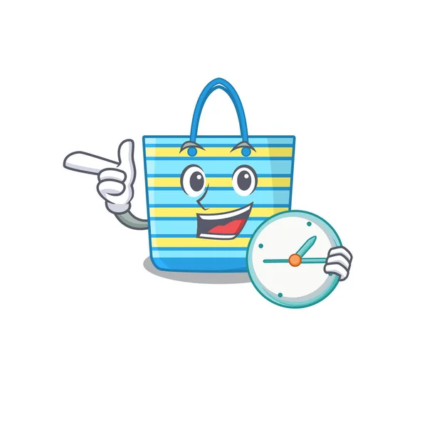 Strand Tas Mascotte Ontwerp Concept Glimlachen Met Klok Vectorillustratie — Stockvector