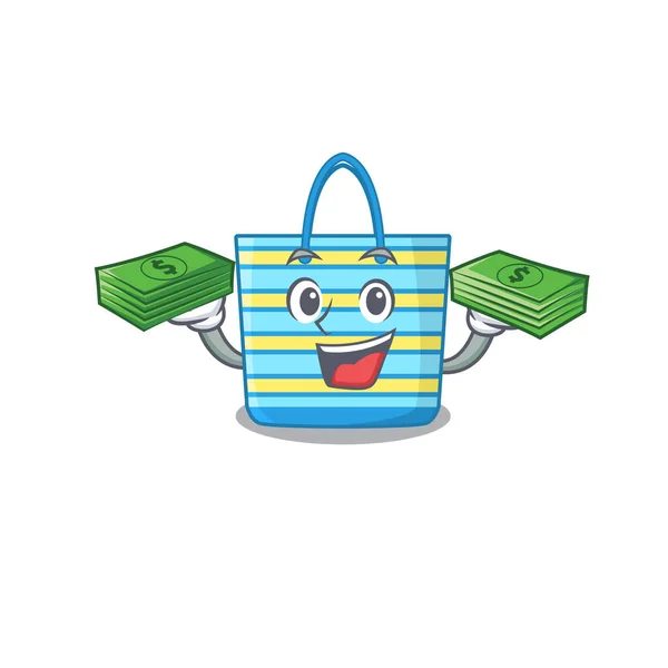 Eine Wohlhabende Strandtaschen Cartoon Figur Die Geld Auf Der Hand — Stockvektor