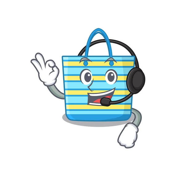 Hermoso Concepto Personaje Mascota Bolsa Playa Con Auriculares Ilustración Vectorial — Vector de stock