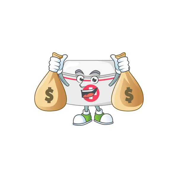 Blissful rich nurse hat cartoon character having money bags — Stock Vector