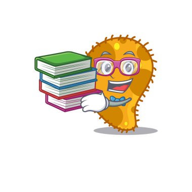 Psödomonas maskot tasarımı konsepti ve kitaplar üzerinde çalışkan bir öğrenci. Vektör illüstrasyonu