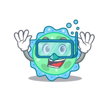 Dalış gözlüğü takan psödomonas aeruginosa maskot tasarımı. Vektör illüstrasyonu