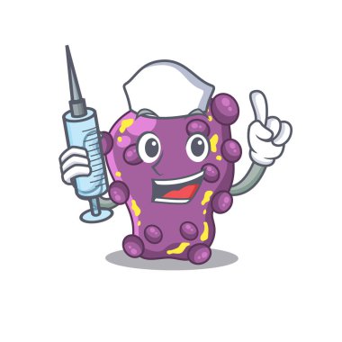 Şırıngalı güzel bir Shigella maskot tasarımı hemşiresi. Vektör illüstrasyonu