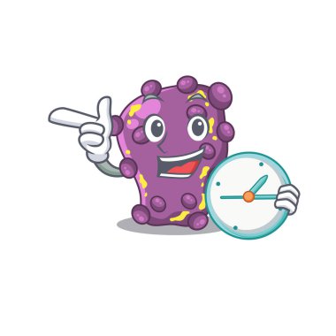 Shigella saat ile gülümseyen maskot tasarımı konsepti. Vektör illüstrasyonu