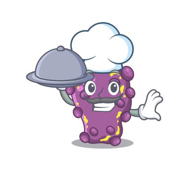 Shigella şef çizgi film karakteri tepside yemek servisi yapıyor. Vektör illüstrasyonu