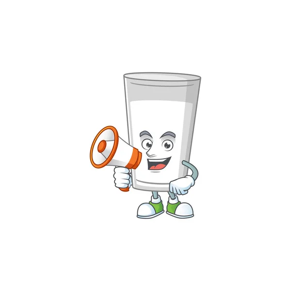 Una imagen de un vaso de leche estilo de diseño de dibujos animados hablando en un megáfono — Vector de stock