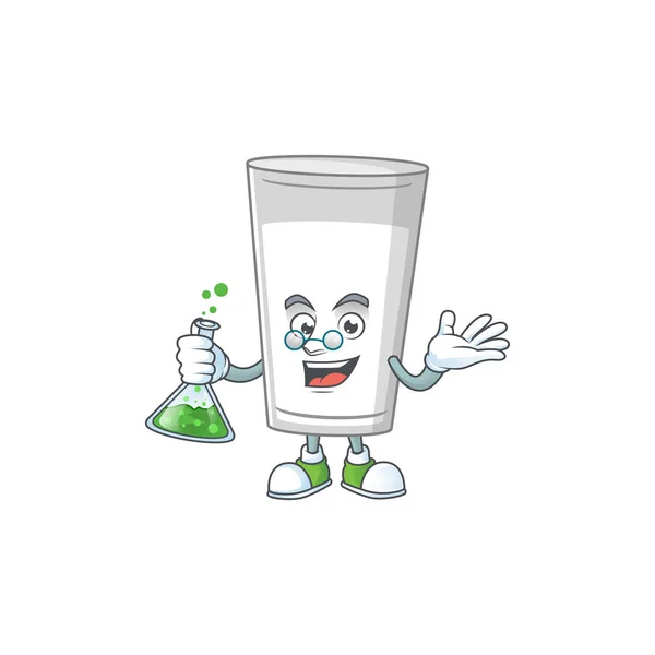 Glass of milk genius Professor Cartoon character holding glass tube — Stock Vector