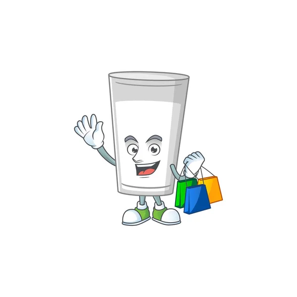 Concepto de personaje de dibujos animados de rico vaso de leche con bolsas de compras — Vector de stock