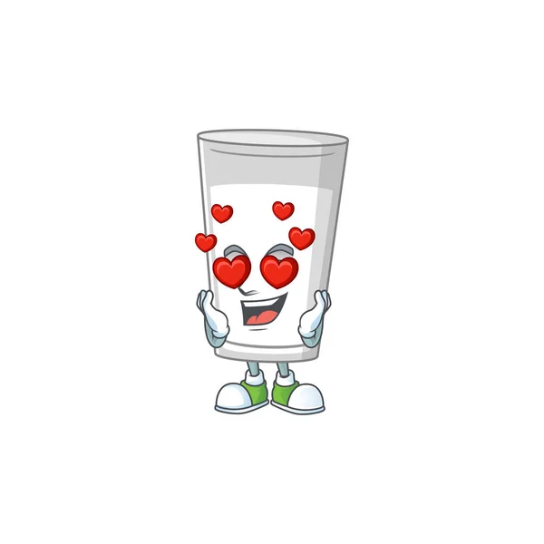 Affascinante bicchiere di latte personaggio dei cartoni animati con una faccia innamorata — Vettoriale Stock