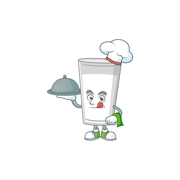 Un vaso de leche chef diseño de dibujos animados con sombrero y bandeja — Vector de stock