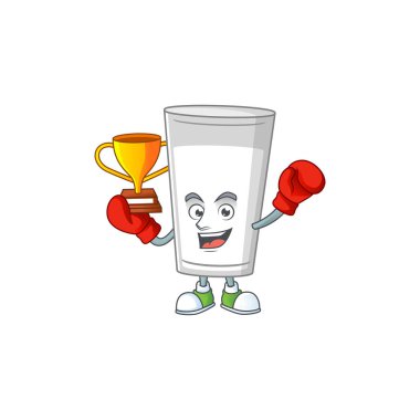 Çizgi film karakteri tasarımında sunulan boks şampiyonu bir bardak sütün gururlu yüzü