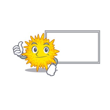 Mizahi micoplazma çizgi film dizaynı Başparmaklar yukarı beyaz bir tahta getirin. Vektör illüstrasyonu