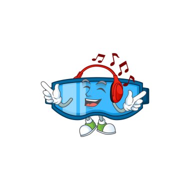 Çizgi film maskotu tasarım güvenlik gözlükleri kulaklıkla müzik dinlemenin keyfini çıkarıyor. Vektör illüstrasyonu