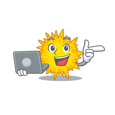 Mitoplazma zeki öğrencisinin dizüstü bilgisayarla çalışan çizgi film karakteri. Vektör illüstrasyonu