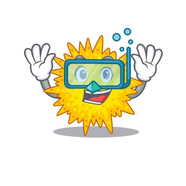 Mikoplazma maskot tasarımı konsepti dalış gözlüğü takıyor. Vektör illüstrasyonu