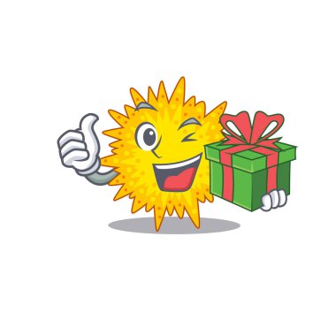 Yeşil hediye kutusu olan gülümseyen micoplazma çizgi film karakteri. Vektör illüstrasyonu