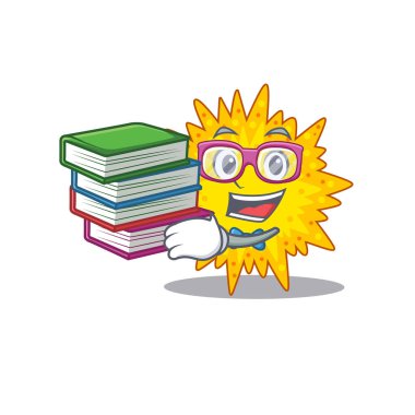 Mikoplazma maskot tasarımı konusunda çalışkan bir öğrenci ve kitaplar. Vektör illüstrasyonu