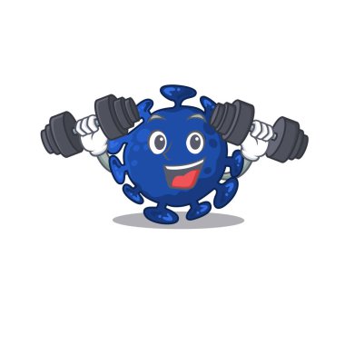 Gülümseyen Fitness Egzersiz Streptokok 'un maskot tasarımı halterleri kaldırıyor. Vektör illüstrasyonu