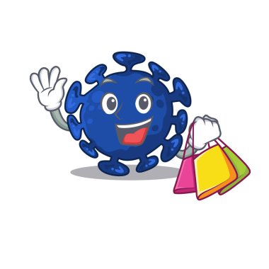 Zengin ve ünlü streptokok çizgi film karakteri alışveriş torbaları tutuyor. Vektör illüstrasyonu