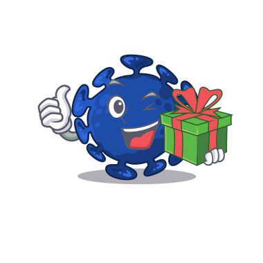 Yeşil hediye kutusu olan gülümseyen streptokok çizgi film karakteri. Vektör illüstrasyonu