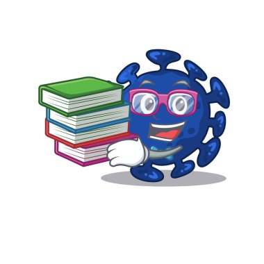 Streptokok maskot tasarımı ve kitaplarla uğraşan çalışkan bir öğrenci. Vektör illüstrasyonu