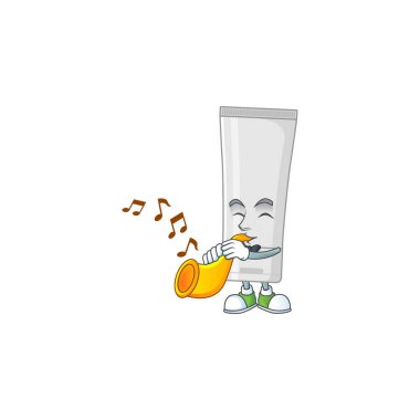 Trompet çalan parlak bir beyaz plastik tüp çizgi film karakteri müzisyeni. Vektör illüstrasyonu