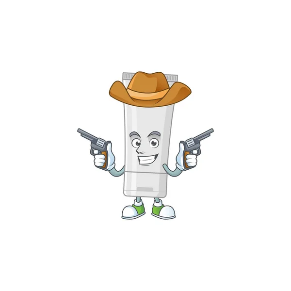 Cowboy Cartoon Character White Plastic Tube Holding Guns Vector Illustration — Stock Vector